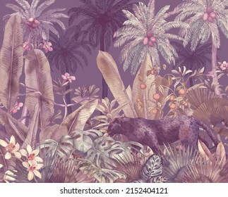 Tropical Illustration With Black Panther In The Jungle Painted In Watercolor. Background With Tropical Leaves And Wild Cat. Landscape With Palm Trees