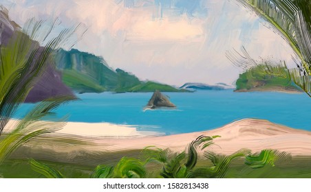 Tropical Island Digital Painting 2d Illustration Stock Illustration ...