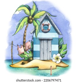 Tropical Island House Palm Tree Coconuts Stock Illustration 2206797471 