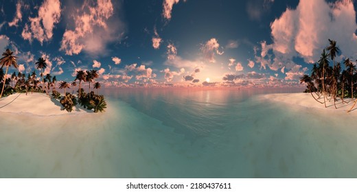 Tropical Island With A Palm Tree At Sunset. HDRI, Environment Map , Round Panorama, Spherical Panorama, Equidistant Projection, Panorama 360, Seascape, 3d Rendering.