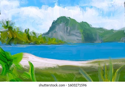 Tropical Island Seaside Panorama Digital Art Stock Illustration ...