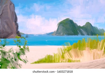 Tropical Island Seaside Panorama Digital Art Stock Illustration ...