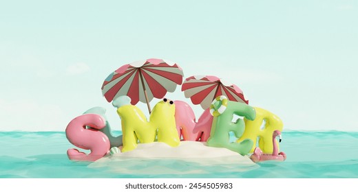 Tropical island with Summer text, beach umbrellas and sun accessories in ocean. Summer travel concept. 3d render - Powered by Shutterstock