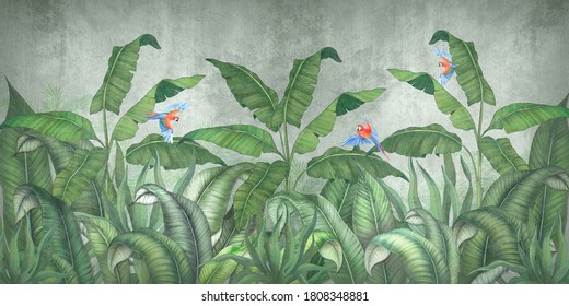 Tropical Jungle With Flying Parrots. Against The Background Of Textured Plaster. 