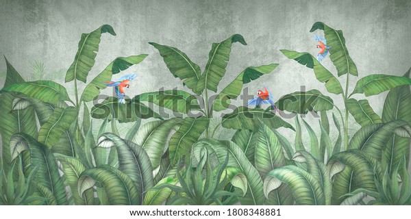 Tropical jungle with flying parrots. Against the background of textured plaster. 