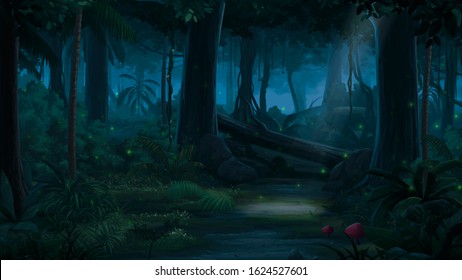 Tropical Jungle at Night Anime Background Illustration Landscape