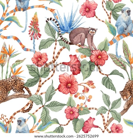 Tropical Jungle Pattern with Exotic Animals and Flowers , Watercolor hand drawn Illustration