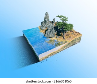 Tropical Land Piece Of Green Trees And Seaside. Cross Section Cut Out With 3d Rendering. Micro World.