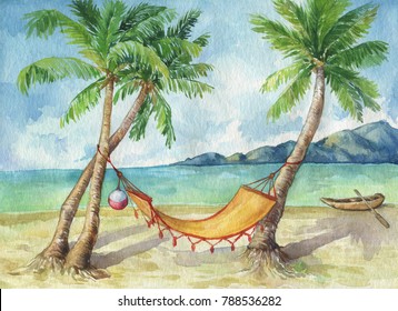 Tropical Landscape Coconut Palms On The Beach Ocean, In Bright Sunny Summer Day. Relaxing, Paradise Vacation - Hammock Between Palm Trees At The Seaside. Watercolor Hand Drawn Painting Illustration. 