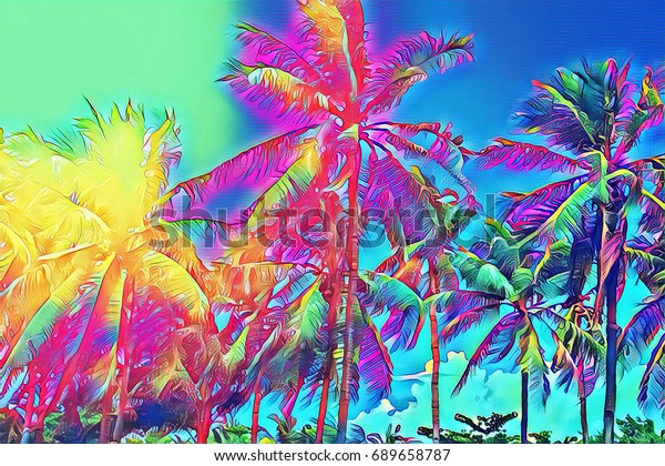 ヤシの木のある熱帯の風景 熱帯の自然のネオンデジタルイラスト ヤシの葉の上に幻想的な太陽が照り輝く 青い空にヤシの木 夏 はエキゾチックな島へ旅立つ 熱帯地方の暑い日 のイラスト素材