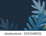 Tropical leaf border frame background, blue luxury design. Blue presentation background image. Desktop wallpaper background in blue tropical luxury design. Blue backdrop background with leaves.