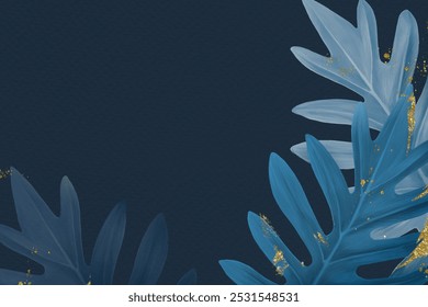 Tropical leaf border frame background, blue luxury design. Blue presentation background image. Desktop wallpaper background in blue tropical luxury design. Blue backdrop background with leaves.