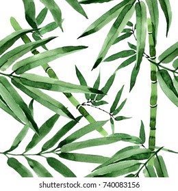 Tropical Leaves Bamboo Tree Pattern In A Watercolor Style. Aquarelle Wild Leaves For Background, Texture, Wrapper Pattern, Frame Or Border.