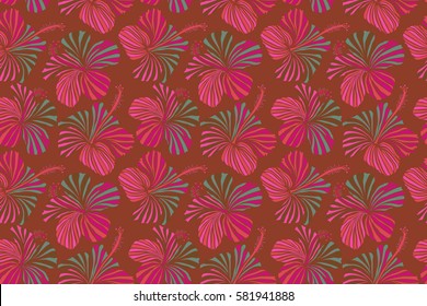 Tropical leaves and brown flowers seamless pattern. Hand painted illustration in brown colors.