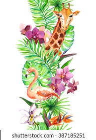 Tropical Leaves, Flamingo Bird, Giraffe, Orchid Flowers. Seamless Border. Watercolor Frame