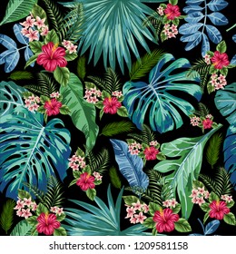 Tropical Leaves Flowers On Black Background Stock Illustration ...