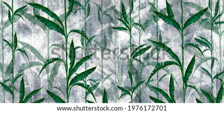 tropical leaves in the form of vines on a textured background, in green-gray tones, photo wallpaper