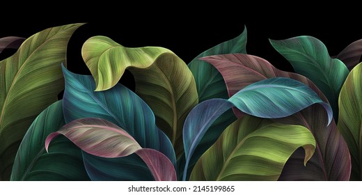 Tropical leaves in green, blue, pink bright color. Seamless border, luxury wallpaper, premium mural. Floral pattern on dark background. Hand-drawn 3d illustration. Modern stylish design, beautiful art