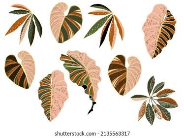 tropical leaves isolated elements set abstract illustration nature drawing palm colorful flowers and plants and branches white background dotted leaves