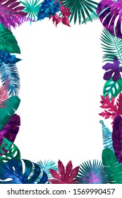 Tropical leaves neon watercolor. Ferns, fitter, fan palm. Bright pink, turquoise, blue, purple colors. Frame for text. Greeting card - Shutterstock ID 1569990457