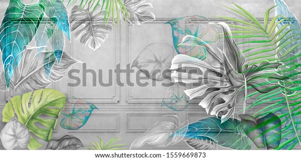  Tropical leaves on concrete background. Great choise for wallpaper and photo wallpaper. Design for modern and loft interiors.