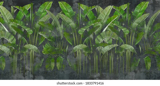 Tropical leaves on concrete dark background. Great choise for mural, card, postcard, wallpaper and photo wallpaper. Design for modern and loft interiors.