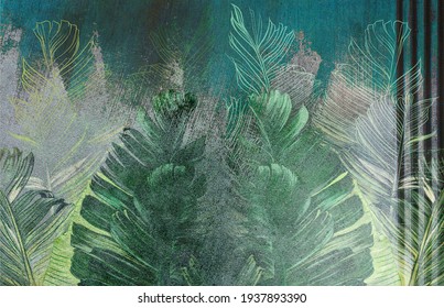 Tropical leaves on concrete grunge wall. Floral background. Great choice for wallpaper, photo wallpaper, mural, poster, card, postcard.