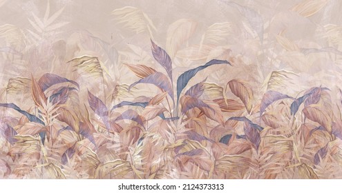 tropical leaves on a light beige background with textural backgrounds, photo wallpaper in the interior