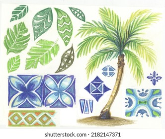 Tropical leaves  palm tree  tiles  border   pattern illustrations inspired by Hawaii   Polynesian culture  These designs are great for tiki theme invite   tropical decor  Drawn in color pencil