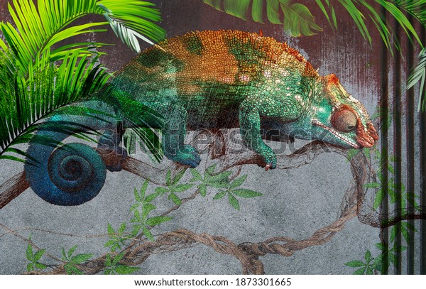 Tropical leaves and plants with drawn chameleon on concrete grunge wall. Great choise for wallpaper, photo wallpaper, mural, card, postcard. Design for modern and loft interiors.
