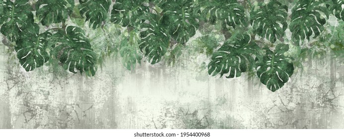 tropical leaves with a textured background in light green tones for a room in your interior