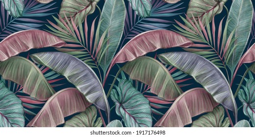 Tropical luxury exotic seamless pattern with pastel color banana leaves, palm, colocasia. Hand-drawn 3D illustration. Dark vintage glamorous design. Good for wallpapers, cloth, fabric printing, goods.