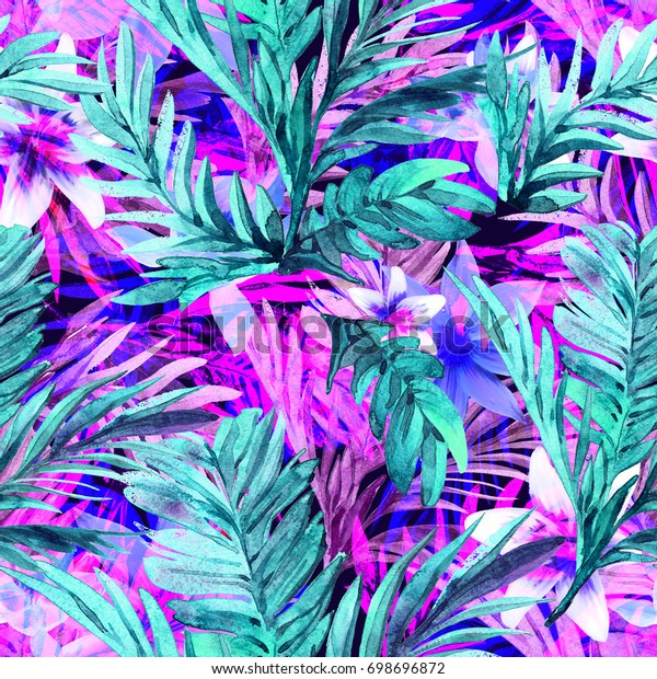 Download Tropical Neon Floral Palm Leaf Overlay Stock Illustration 698696872