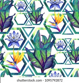 Tropical palm leaf pattern with geometric background. Fashion seamless creative art print for design . Neon colored jungle wallpaper.