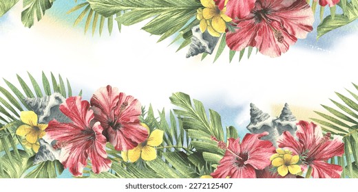 Tropical palm leaves with red hibiscus flowers and seashells. Watercolor illustration. Seamless border from the CUBA collection. For the design and design of invitations postcards, stickers, websites - Powered by Shutterstock