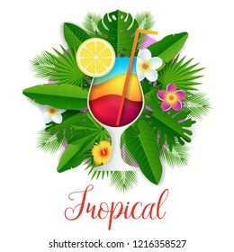 Tropical paper cut illustration. Exotic flowers, palm leaves and glass of cocktail with slice of lemon. Summer beach tropical party invitation, card, poster, banner design template. - Powered by Shutterstock