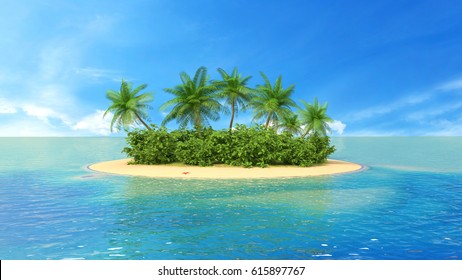 Tropical Paradise Beach With Palm Tree. 3d Illustration