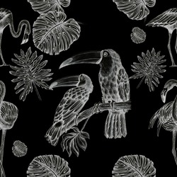 Tropical Pattern With Flamingos Toucans Palm Leaves  Black Background