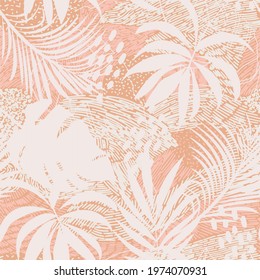 Tropical Pattern, Tropical Leaves, Palm Leaves, Palm Tree, Textile, Wallpaper, Seamless Pattern, Boho Repeat, Pink Floral Pattern For Invitations, Cards, Print, Gift Wrap, Manufacturing, Fabric Print.