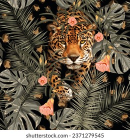 Tropical pattern, leopard and leaves pattern work on black background