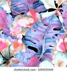 Tropical pattern. Watercolor exotic flowers and monstera leaves. Palm and Hibiscus plants in seamless pattern. Spring hawaiian watercolor background. Tropical palms, monsteras, hibiscus flowers print. – Hình minh họa có sẵn