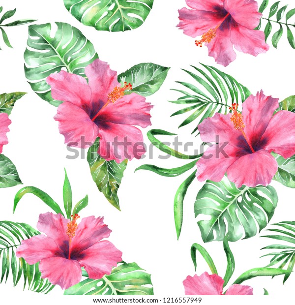 熱帯の水彩色がエキゾチックな花とヤシの葉 夏の印刷の背景に華やかな手描きのイラスト 花柄のパラダイスデザイン のイラスト素材