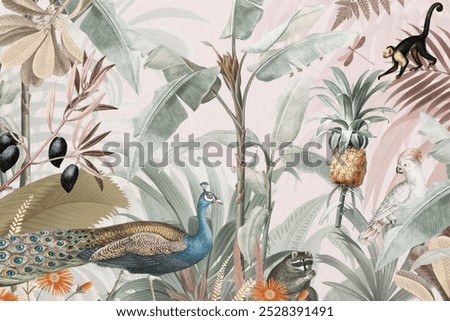 Tropical peacock pattern background, pink aesthetic background. Famous artwork remixed background. Vintage wildlife pattern background. Vintage tropical wildlife art deco pattern