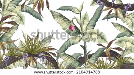 tropical plants art drawn on a white background, wall murals in a room or interior