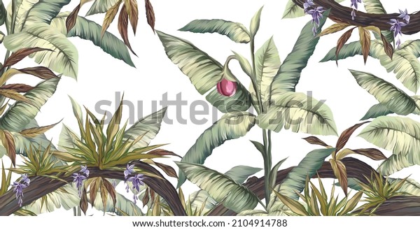 tropical plants art drawn on a white background,\
wall murals in a room or\
interior