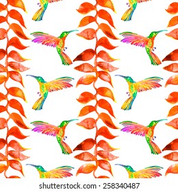 Tropical plants   birds  Seamless pattern  Hummingbirds
