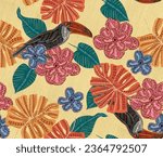 tropical print with foliage pattern leaves and flowers, toucans 