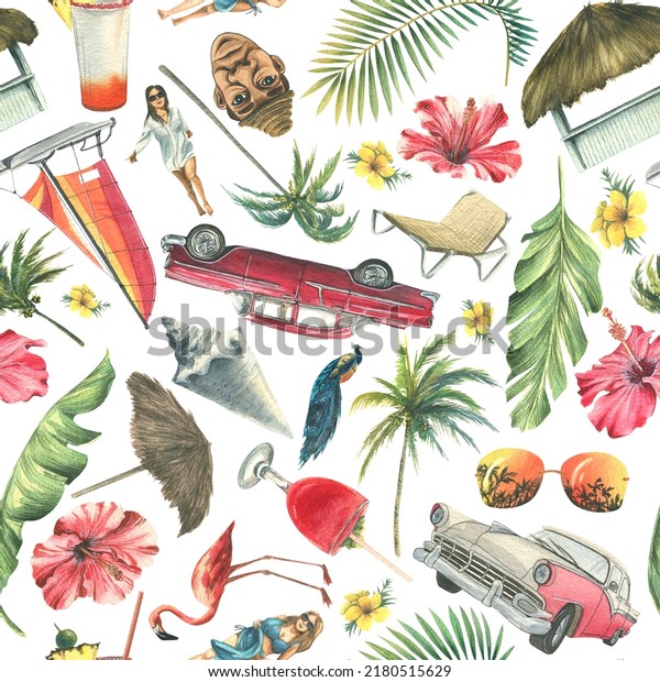 Tropical print with seamless pattern on the\
theme of Caribbean holidays. Watercolor illustration on a white\
background from a large CUBA set. For textiles, beach accessories,\
clothing,\
souvenirs