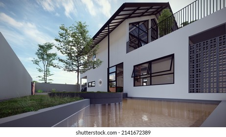 tropical roof in the modern house with pond and garden 
design 3d illustration
