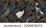 Tropical seamless background, big royal birds, crane, peacock, heron, colorful fern leaves. Dark watercolor 3d illustration. Luxury wallpaper, mural art. Premium textile pattern gold, blue, green, red